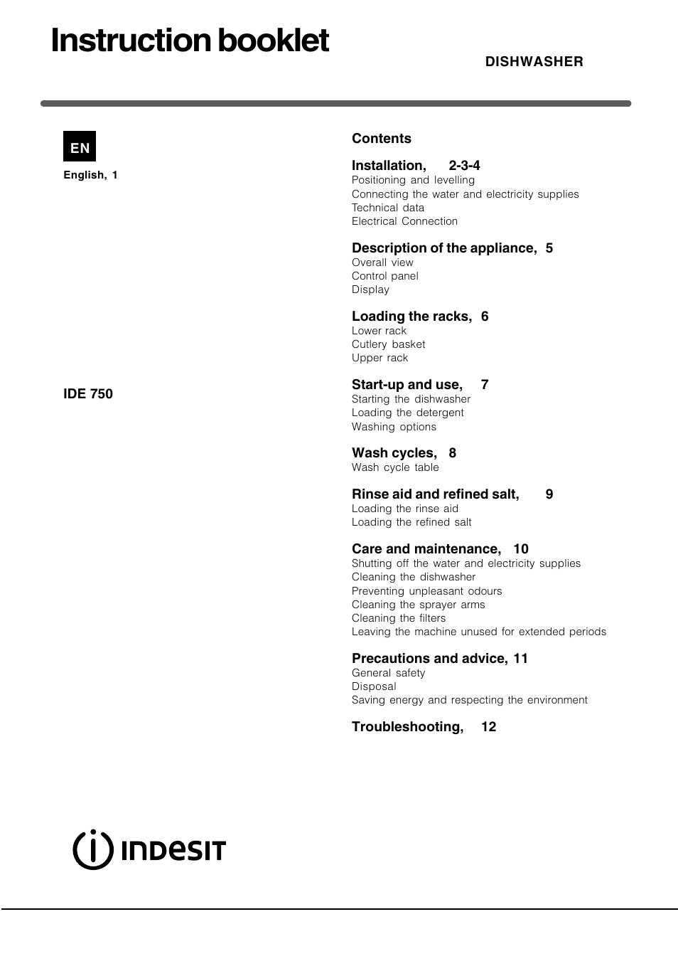 Indesit IDE 750 User Manual | 12 pages
