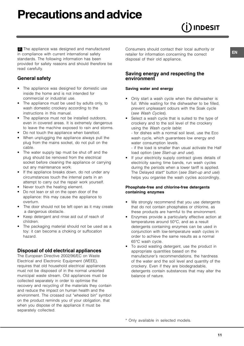 Precautions and advice | Indesit IDE 750 User Manual | Page 11 / 12