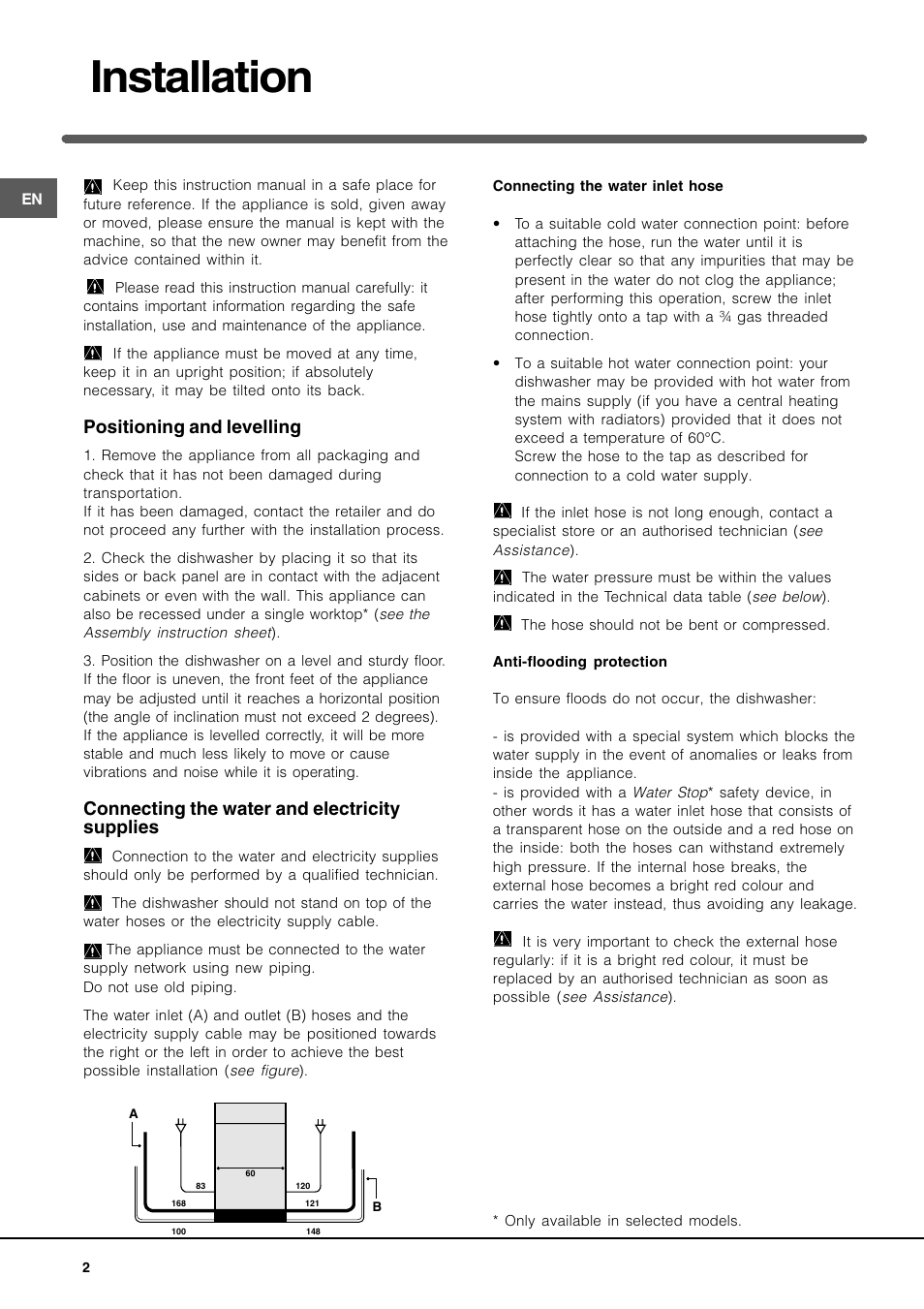 Installation, Positioning and levelling, Connecting the water and electricity supplies | Indesit IDE 750 User Manual | Page 2 / 12