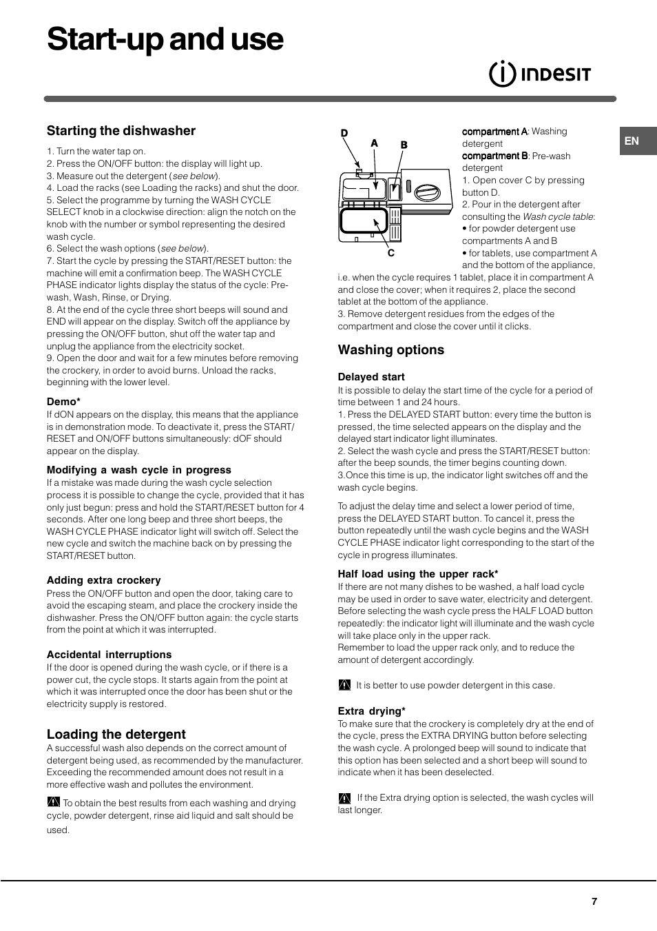 Start-up and use, Starting the dishwasher, Loading the detergent | Washing options | Indesit IDE 750 User Manual | Page 7 / 12