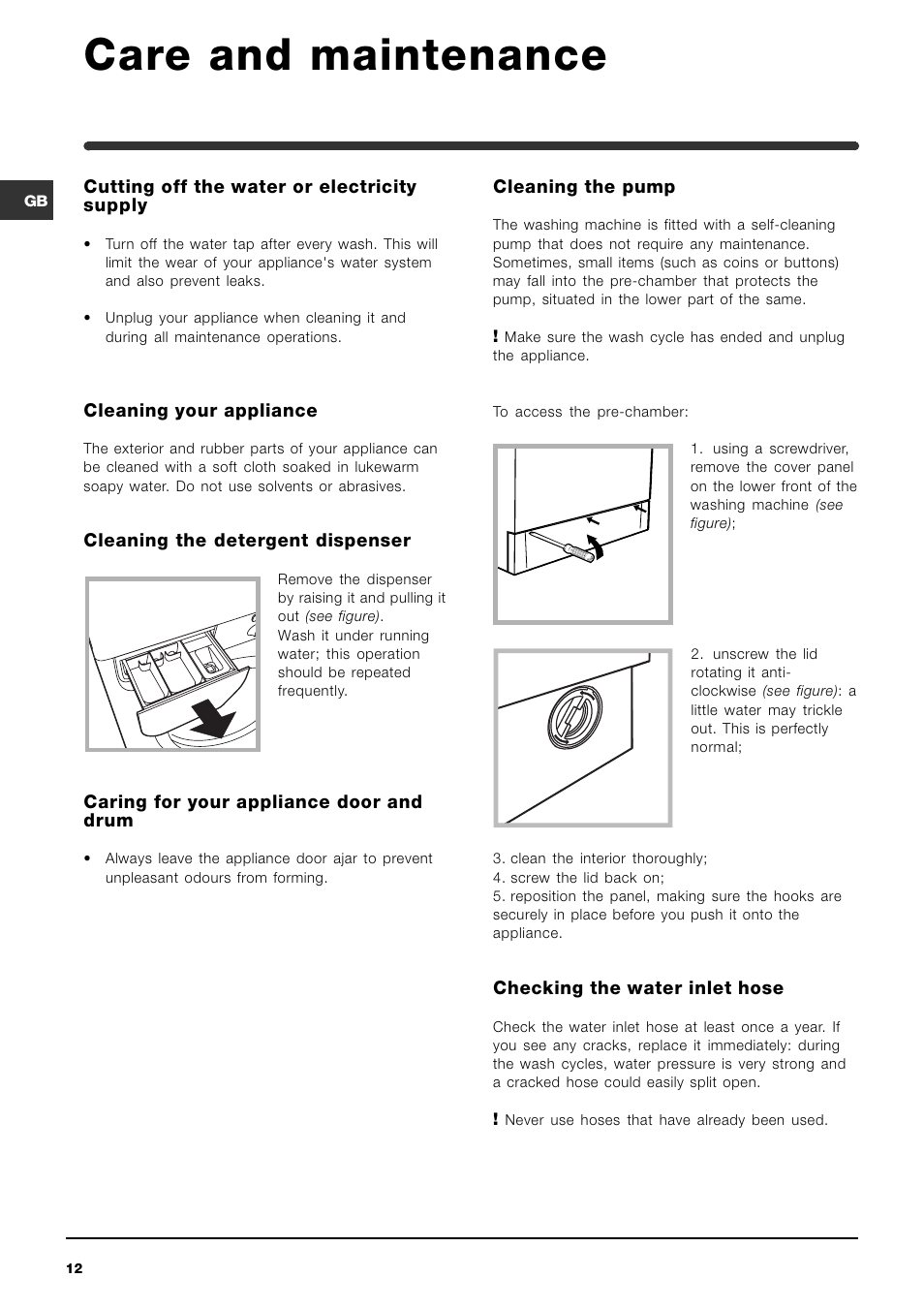 Care and maintenance | Indesit WIL163UK User Manual | Page 12 / 16
