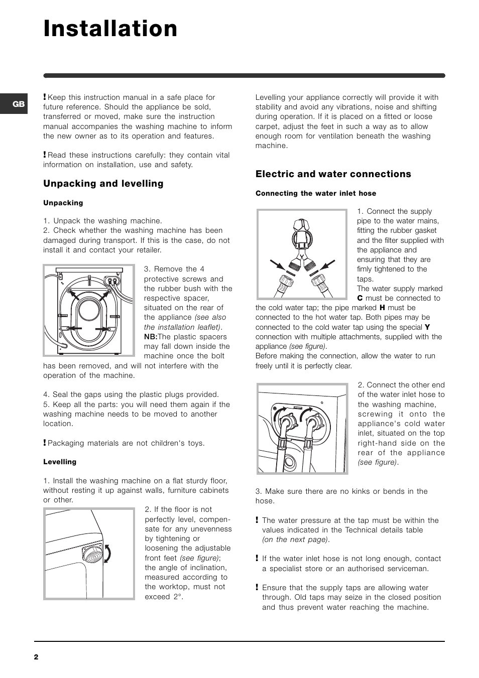 Installation, Unpacking and levelling, Electric and water connections | Indesit WIL163UK User Manual | Page 2 / 16