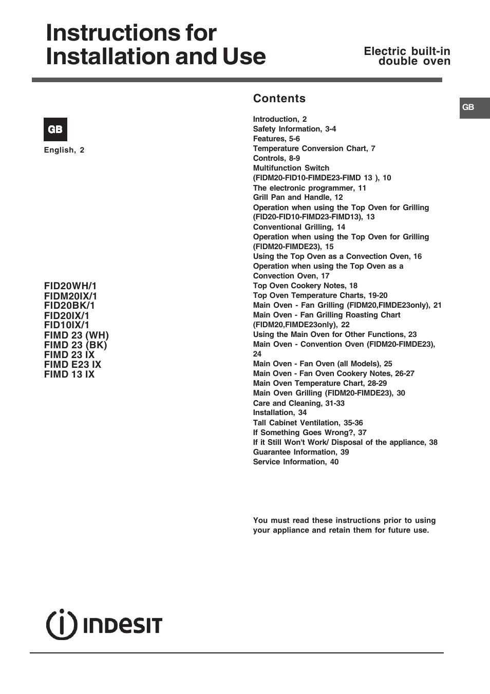 Indesit FIDM20IX/1 User Manual | 40 pages