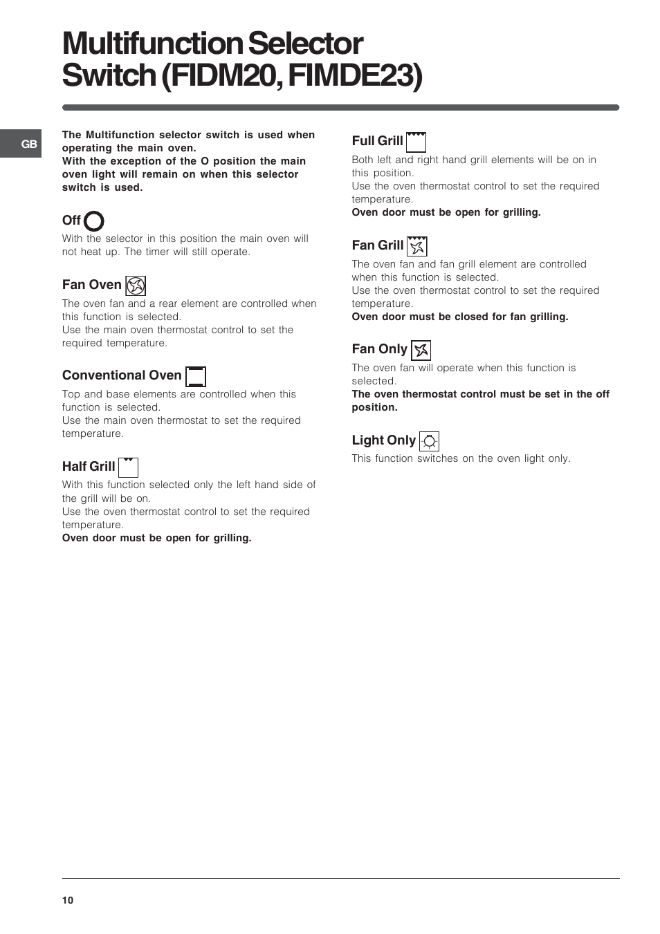 Multifunction selector switch (fidm20, fimde23) | Indesit FIDM20IX/1 User Manual | Page 10 / 40