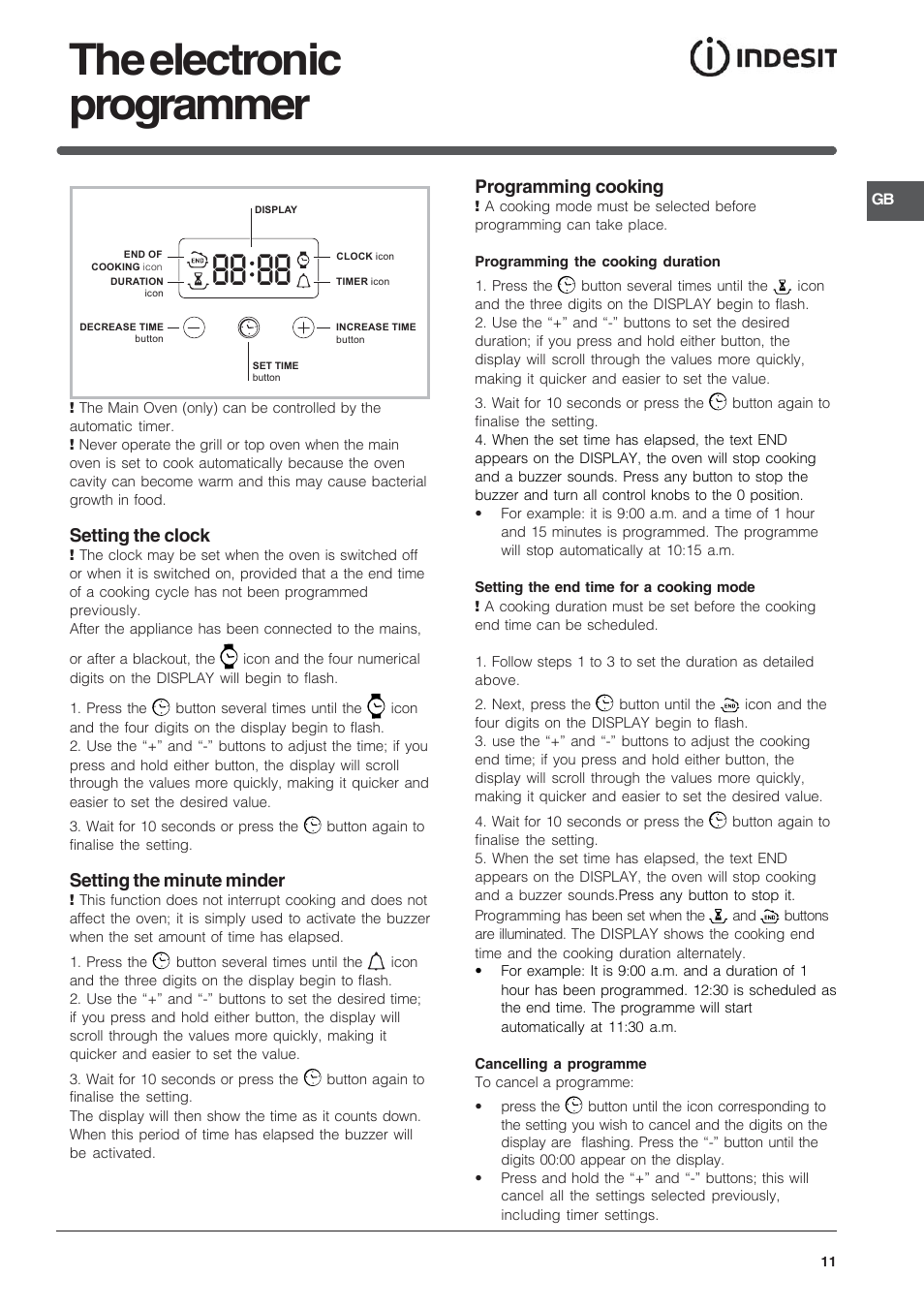 The electronic programmer, Setting the clock, Setting the minute minder | Programming cooking | Indesit FIDM20IX/1 User Manual | Page 11 / 40