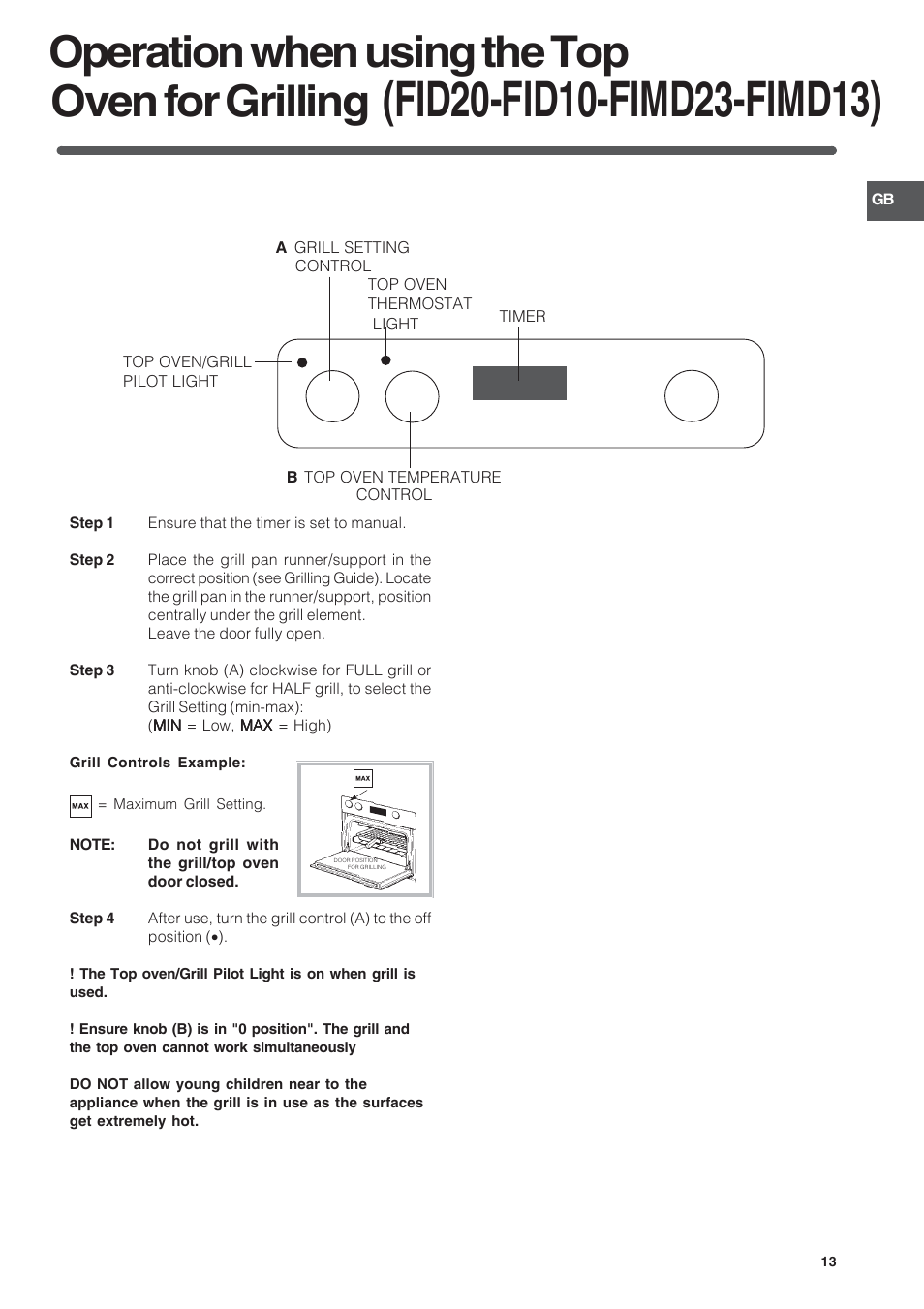 Operation when using the top oven for grilling | Indesit FIDM20IX/1 User Manual | Page 13 / 40