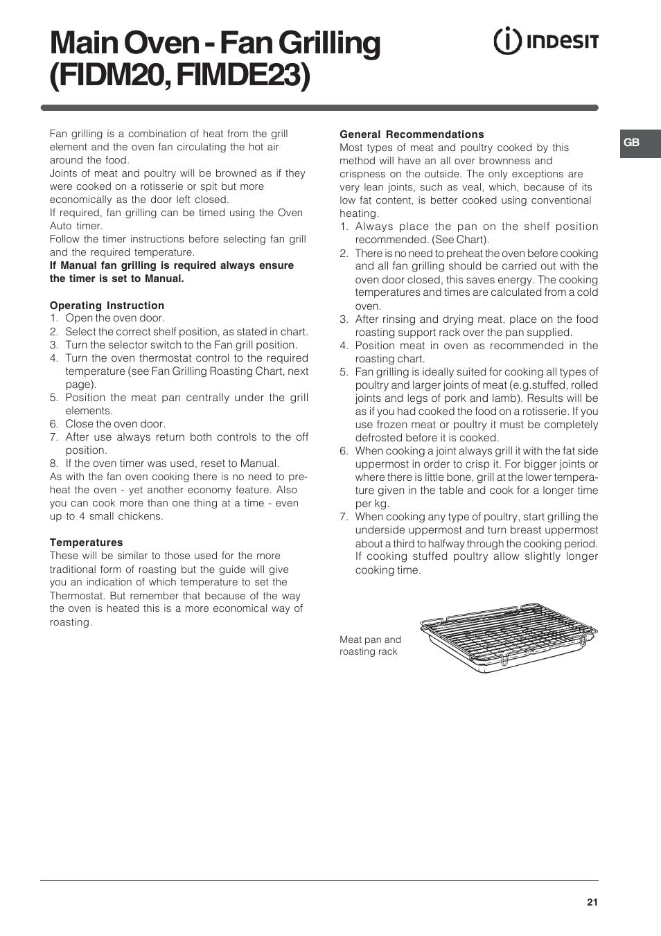 Main oven - fan grilling (fidm20, fimde23) | Indesit FIDM20IX/1 User Manual | Page 21 / 40