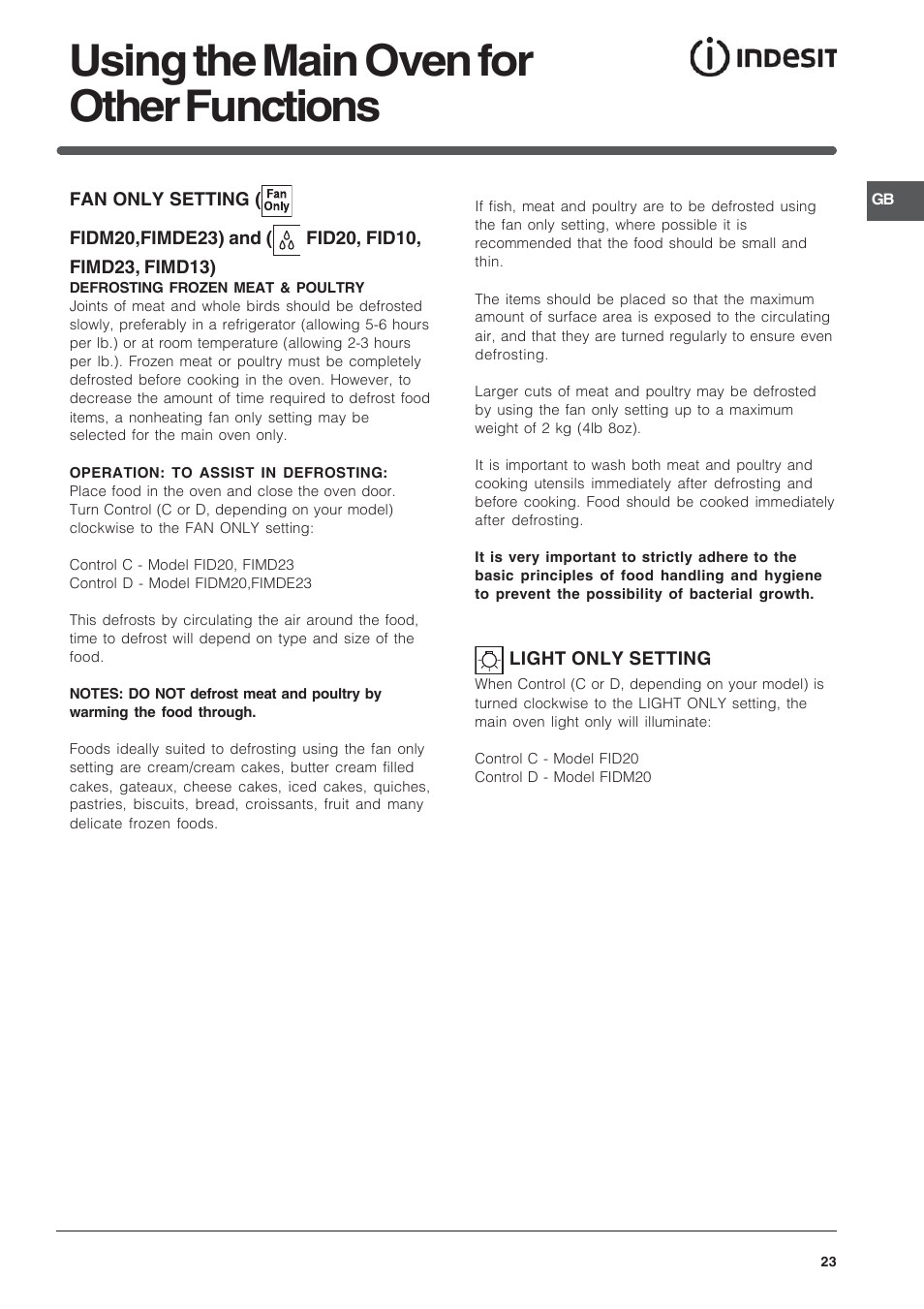 Using the main oven for other functions | Indesit FIDM20IX/1 User Manual | Page 23 / 40