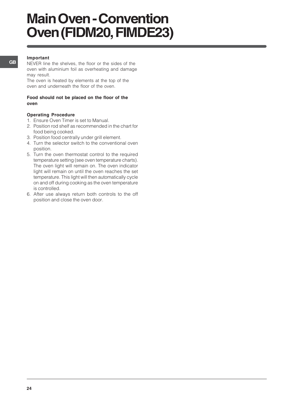 Main oven - convention oven (fidm20, fimde23) | Indesit FIDM20IX/1 User Manual | Page 24 / 40
