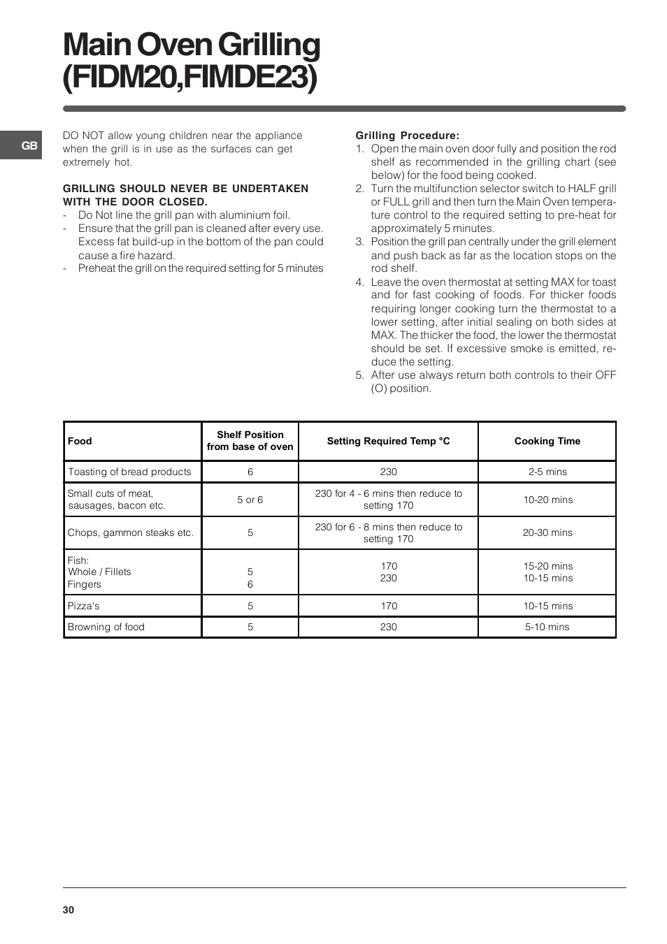 Main oven grilling (fidm20,fimde23) | Indesit FIDM20IX/1 User Manual | Page 30 / 40