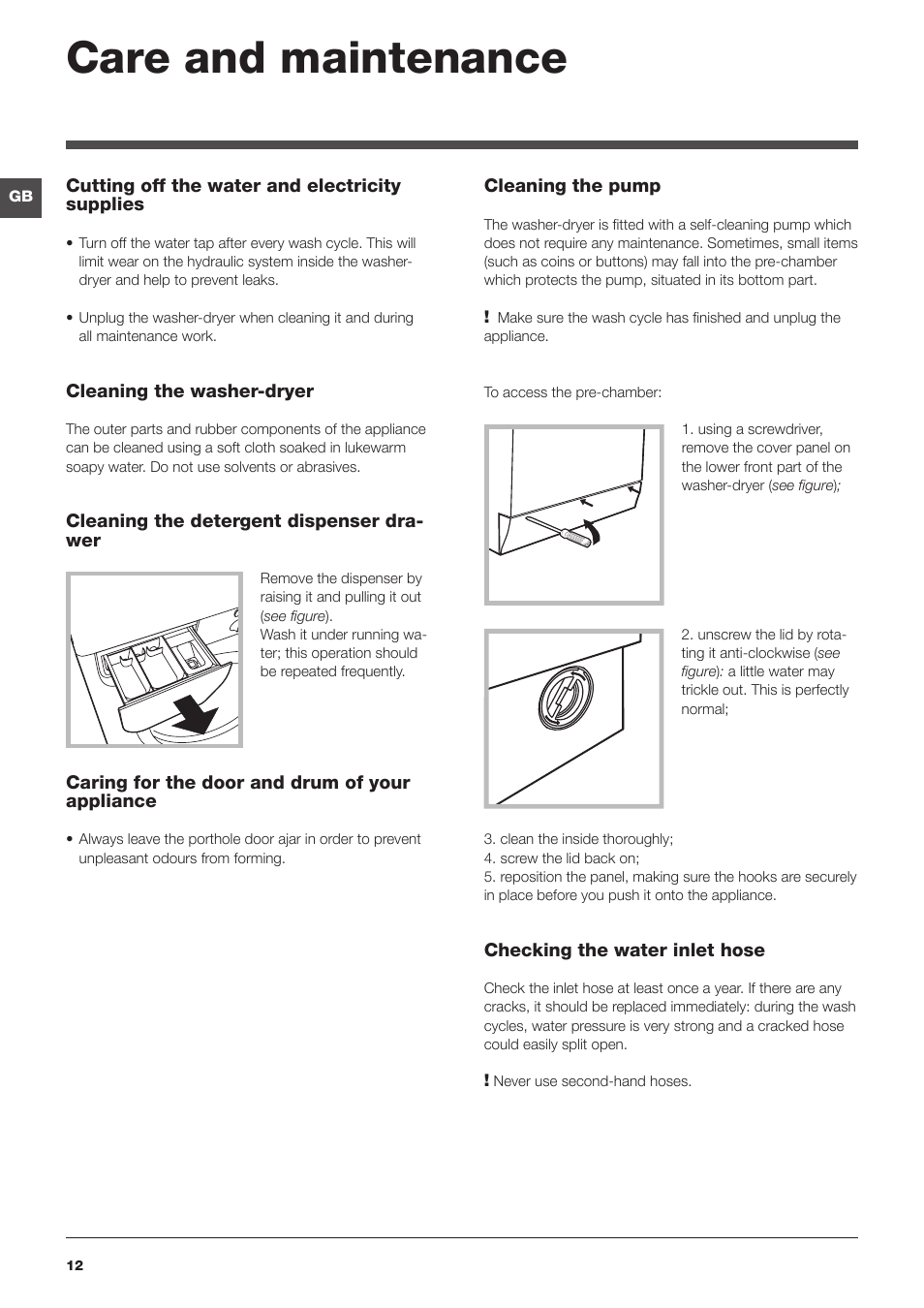 Care and maintenance | Indesit WASHER-DRYER IWDC 6105 User Manual | Page 12 / 16