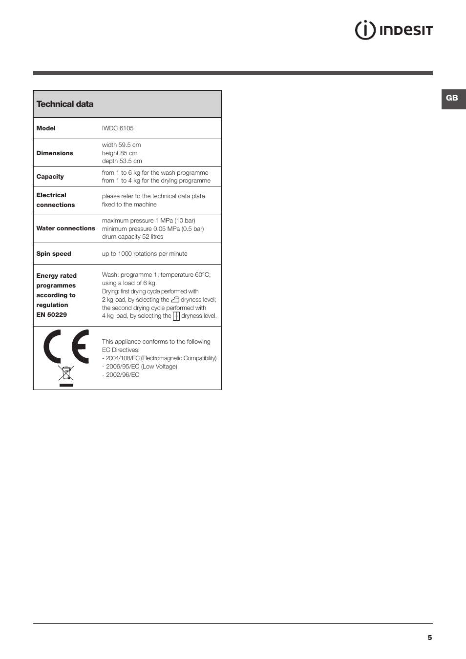 Technical data | Indesit WASHER-DRYER IWDC 6105 User Manual | Page 5 / 16