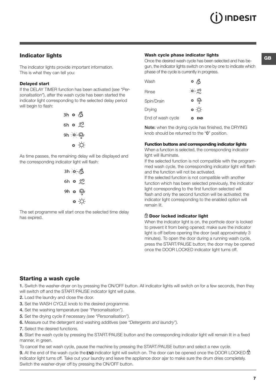 Indicator lights, Starting a wash cycle | Indesit WASHER-DRYER IWDC 6105 User Manual | Page 7 / 16