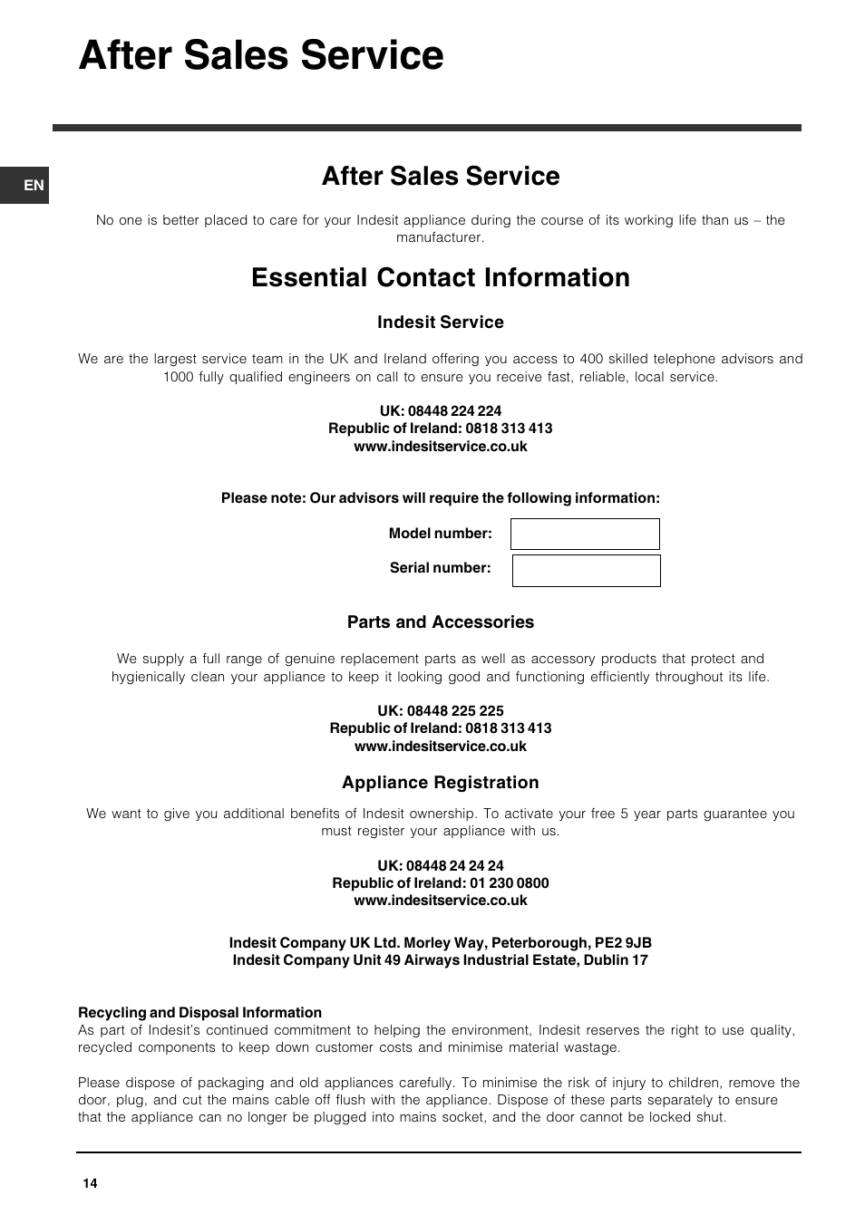 After sales service, Essential contact information | Indesit IDF125 User Manual | Page 14 / 16
