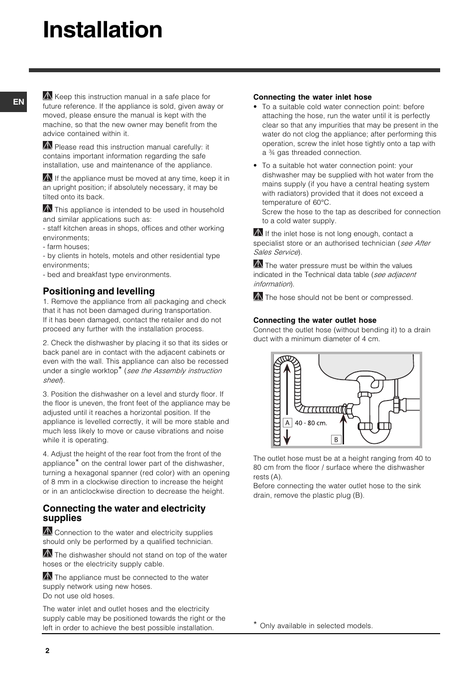 Installation, Positioning and levelling, Connecting the water and electricity supplies | Indesit IDF125 User Manual | Page 2 / 16