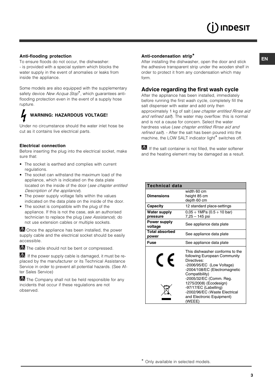 Advice regarding the first wash cycle | Indesit IDF125 User Manual | Page 3 / 16