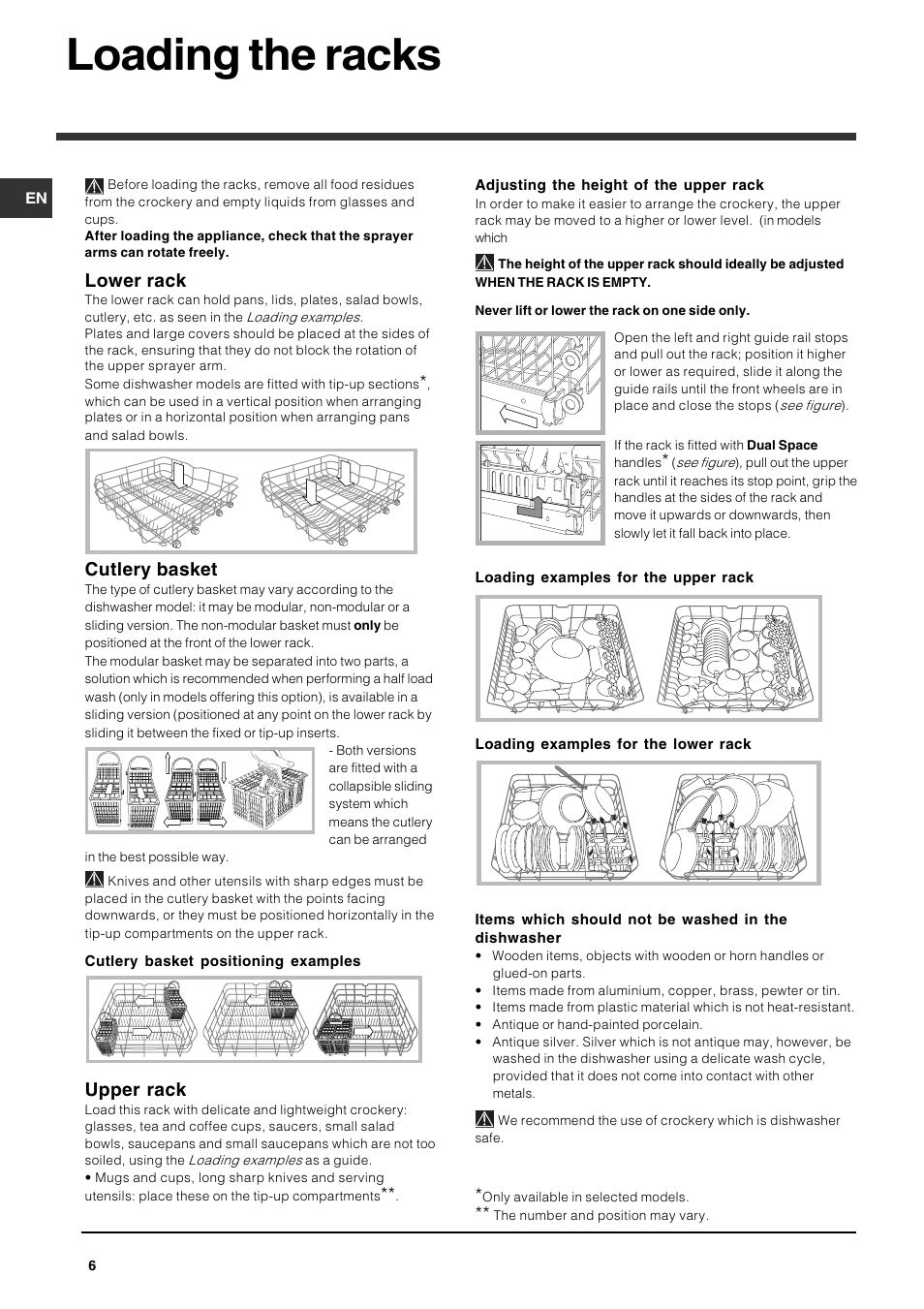 Loading the racks, Lower rack, Cutlery basket | Upper rack | Indesit IDF125 User Manual | Page 6 / 16