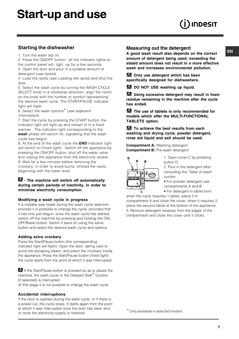 Start-up and use, Measuring out the detergent, Starting the dishwasher | Indesit IDF125 User Manual | Page 7 / 16