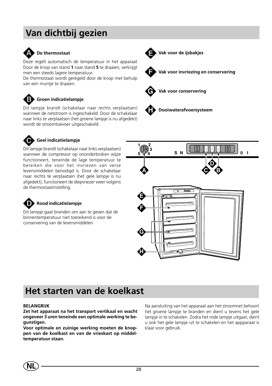 Van dichtbij gezien, Het starten van de koelkast | Indesit INF140 User Manual | Page 30 / 48