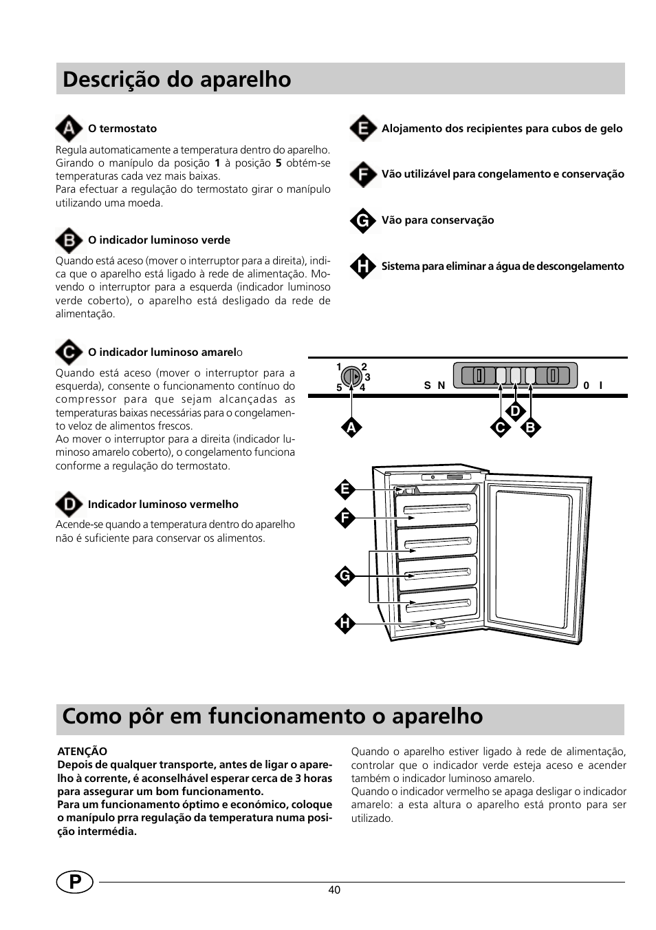 Descrição do aparelho, Como pôr em funcionamento o aparelho | Indesit INF140 User Manual | Page 42 / 48