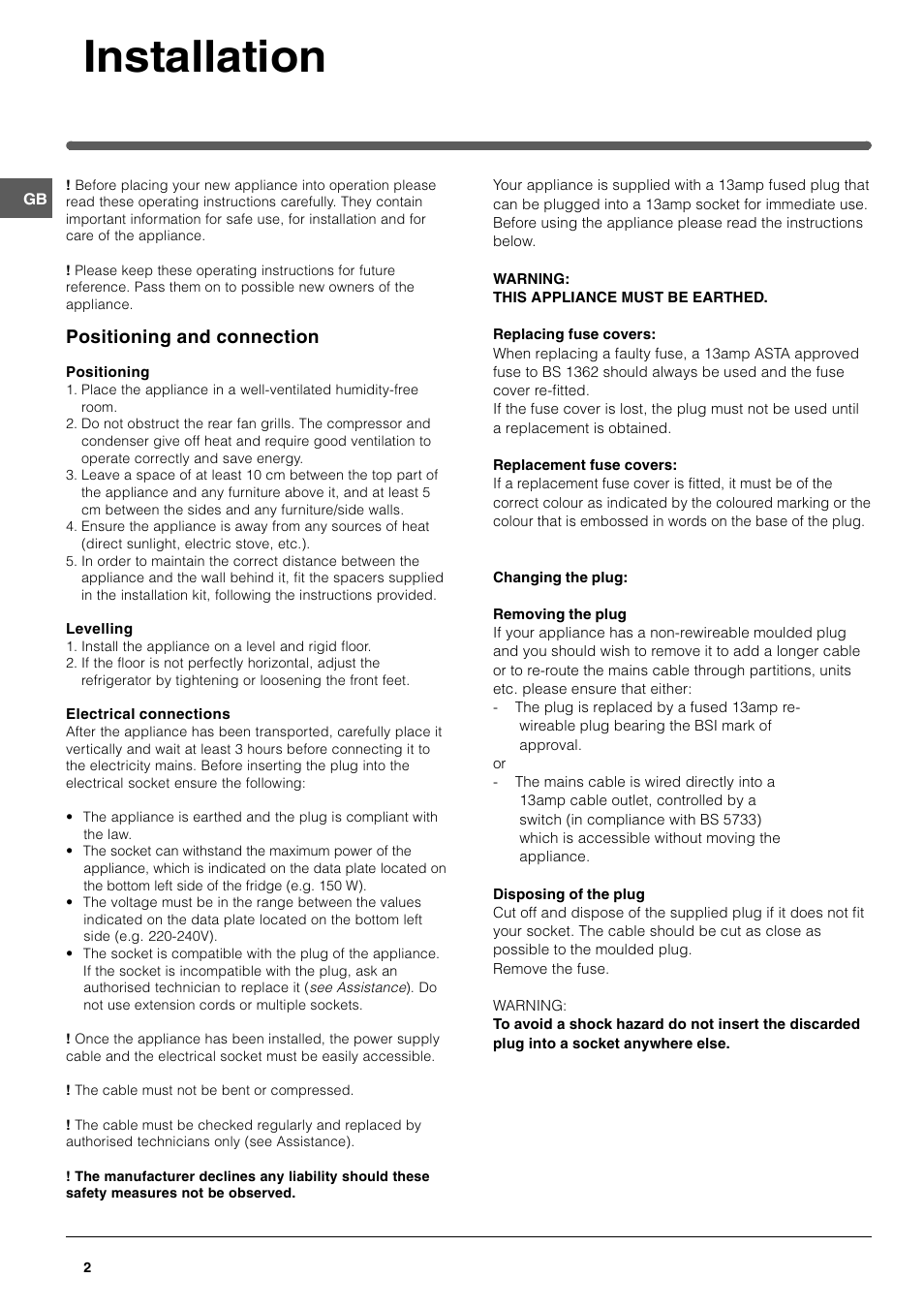 Installation, Positioning and connection | Indesit TLA1S User Manual | Page 2 / 12