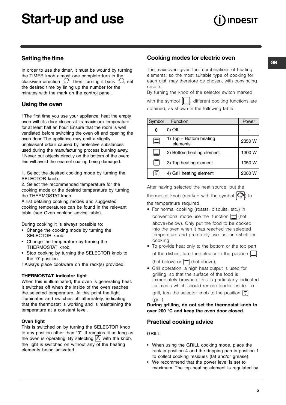 Start-up and use | Indesit KP9508CXG User Manual | Page 5 / 12