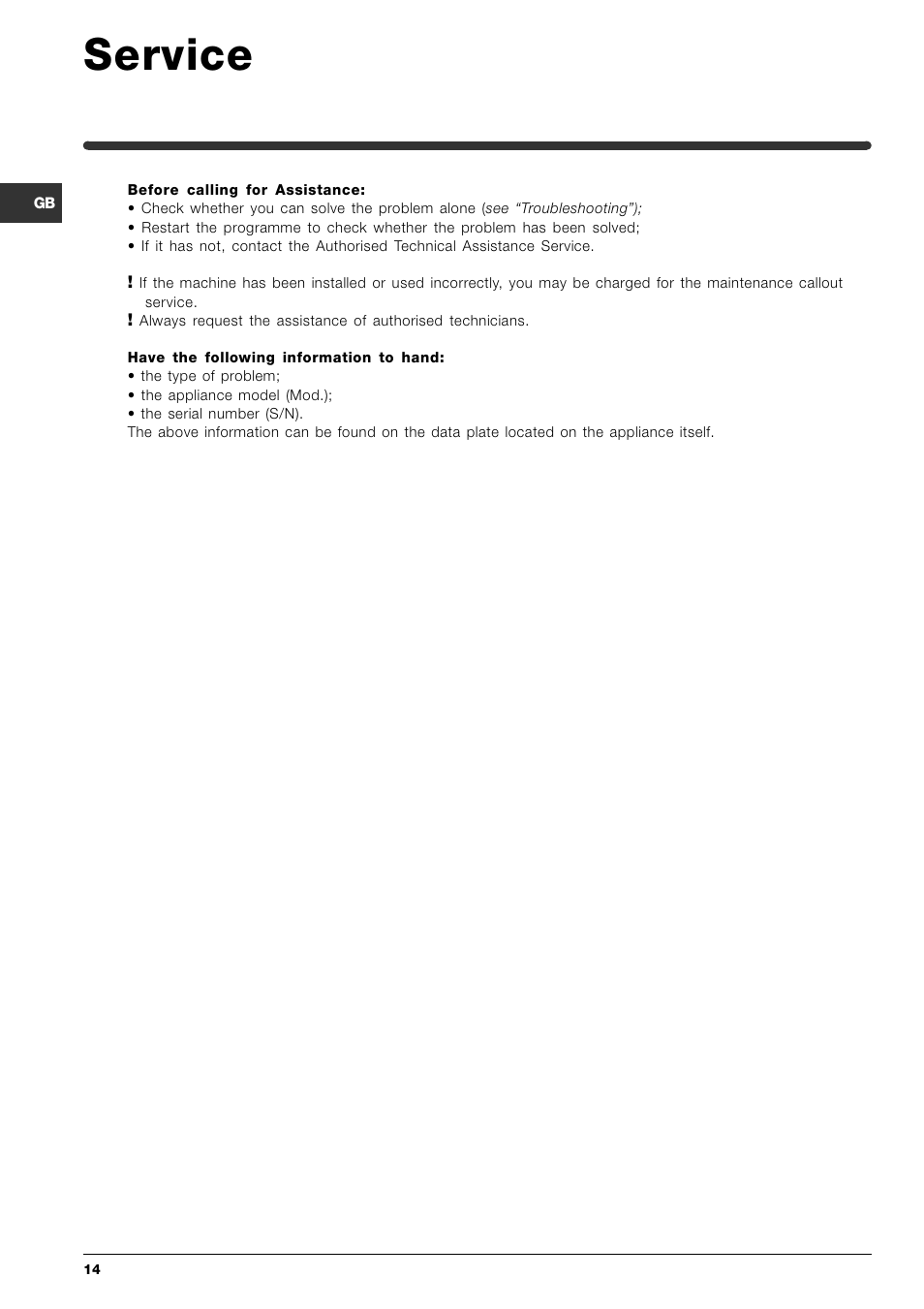 Service | Indesit SIXL 145K User Manual | Page 14 / 16