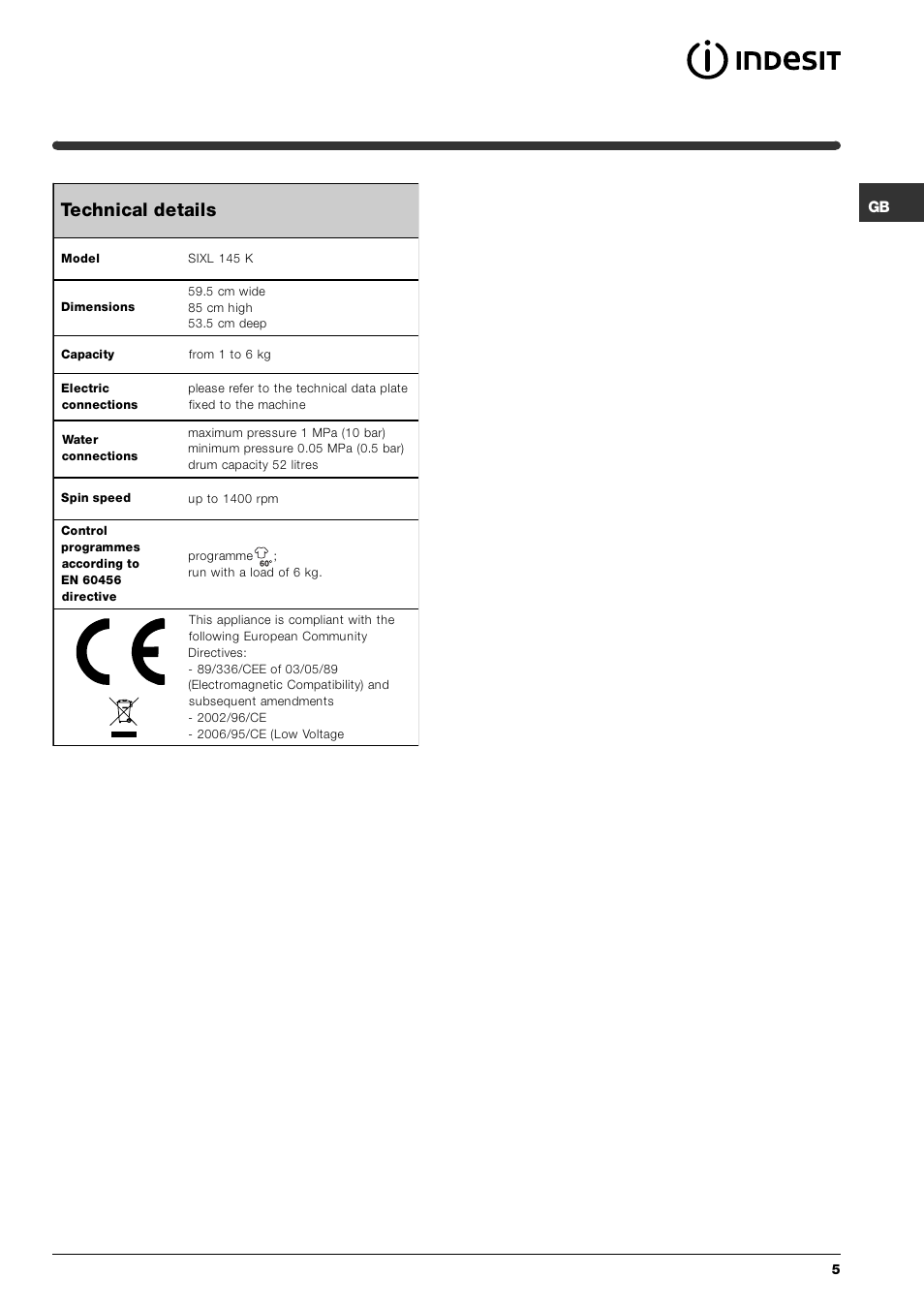 Technical details | Indesit SIXL 145K User Manual | Page 5 / 16