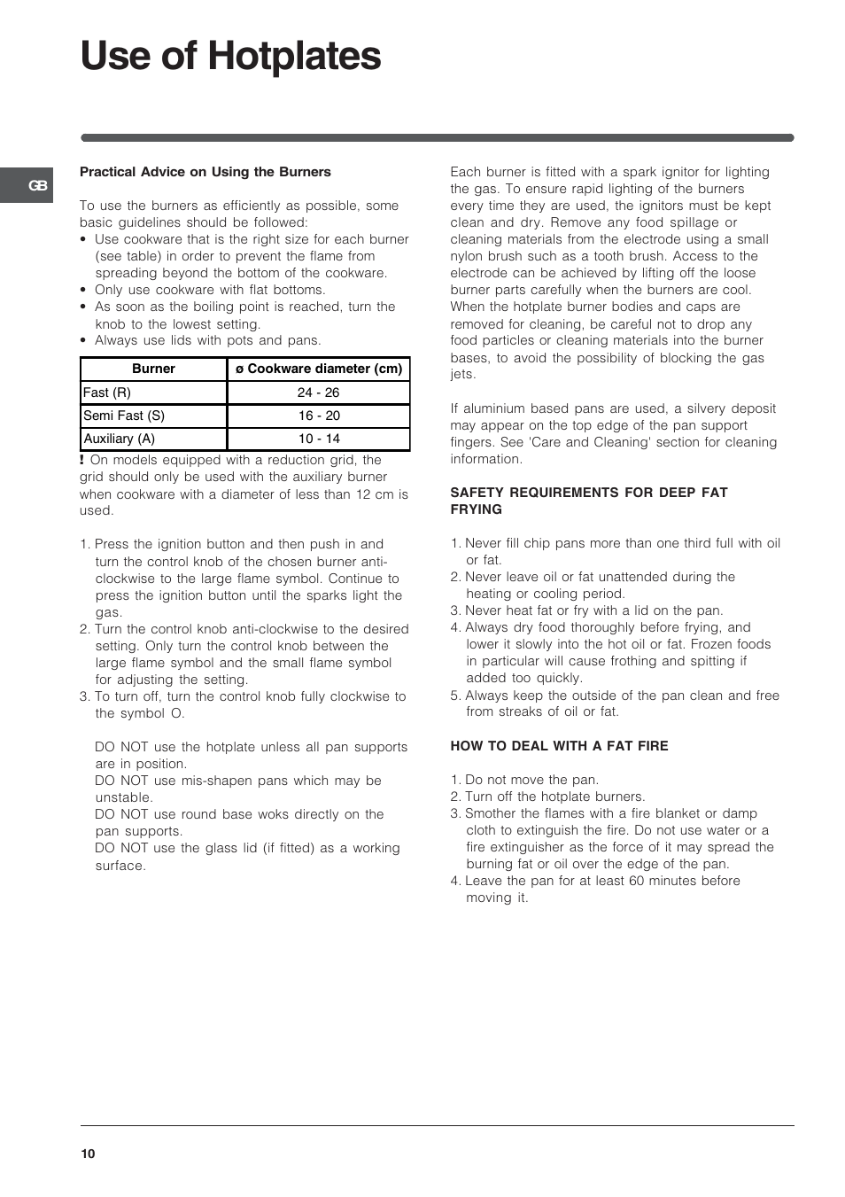 Use of hotplates | Indesit KD3G11S/G User Manual | Page 10 / 24