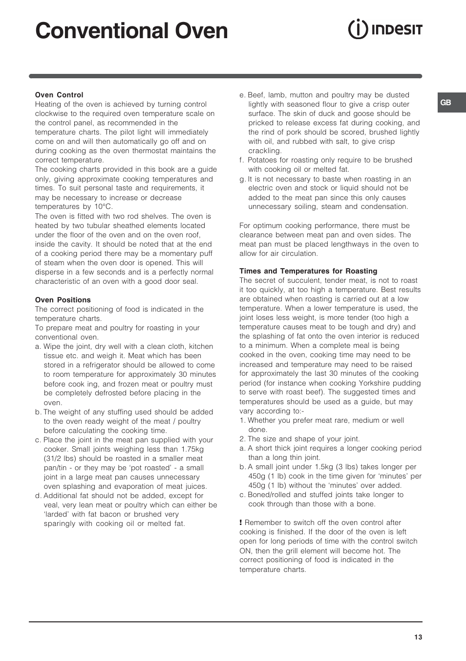 Conventional oven | Indesit KD3G11S/G User Manual | Page 13 / 24