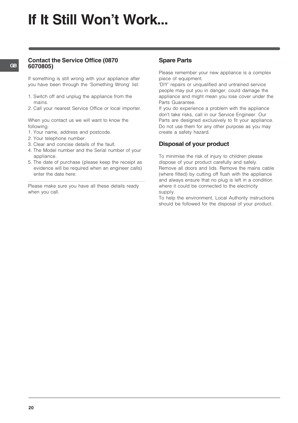 If it still wont work | Indesit KD3G11S/G User Manual | Page 20 / 24