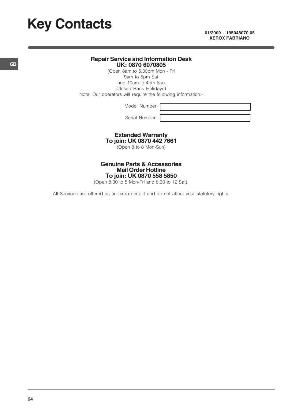 Key contacts | Indesit KD3G11S/G User Manual | Page 24 / 24