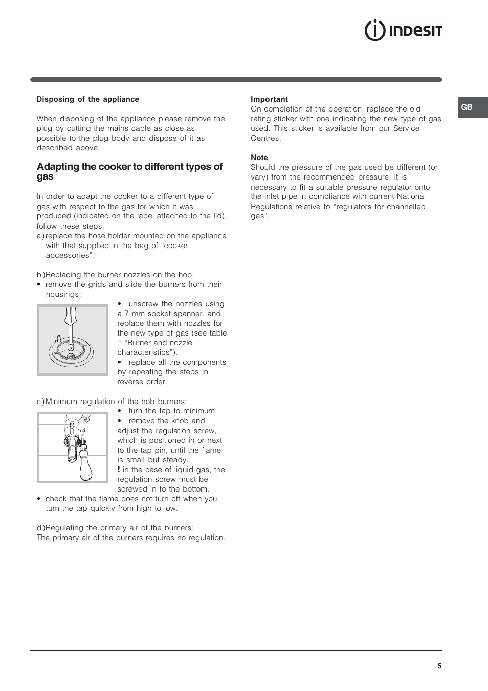 Adapting the cooker to different types of gas | Indesit KD3G11S/G User Manual | Page 5 / 24