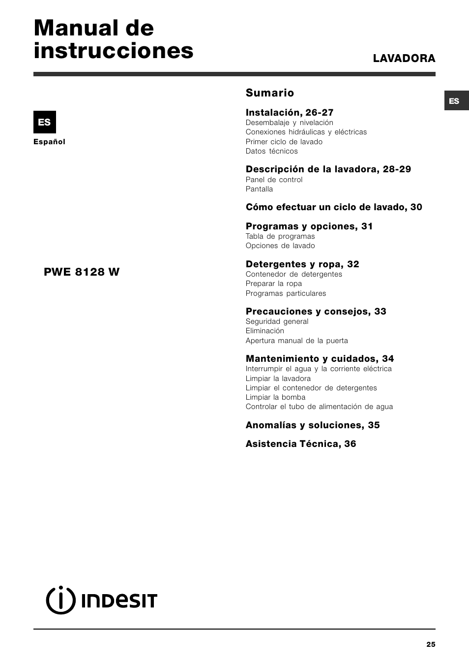 Manual de instrucciones, Lavadora sumario, Pwe 8128 w | Indesit PWE 8128 W User Manual | Page 25 / 48