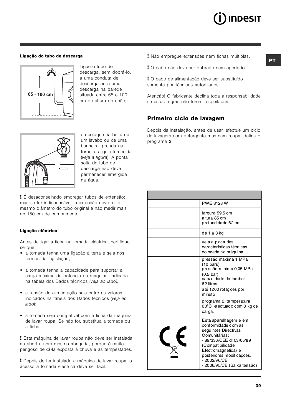 Primeiro ciclo de lavagem | Indesit PWE 8128 W User Manual | Page 39 / 48