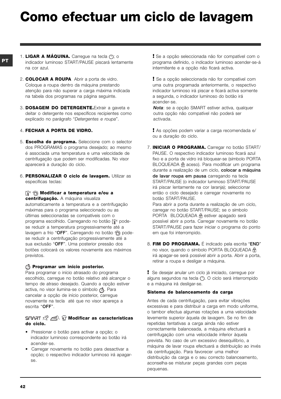 Como efectuar um ciclo de lavagem | Indesit PWE 8128 W User Manual | Page 42 / 48