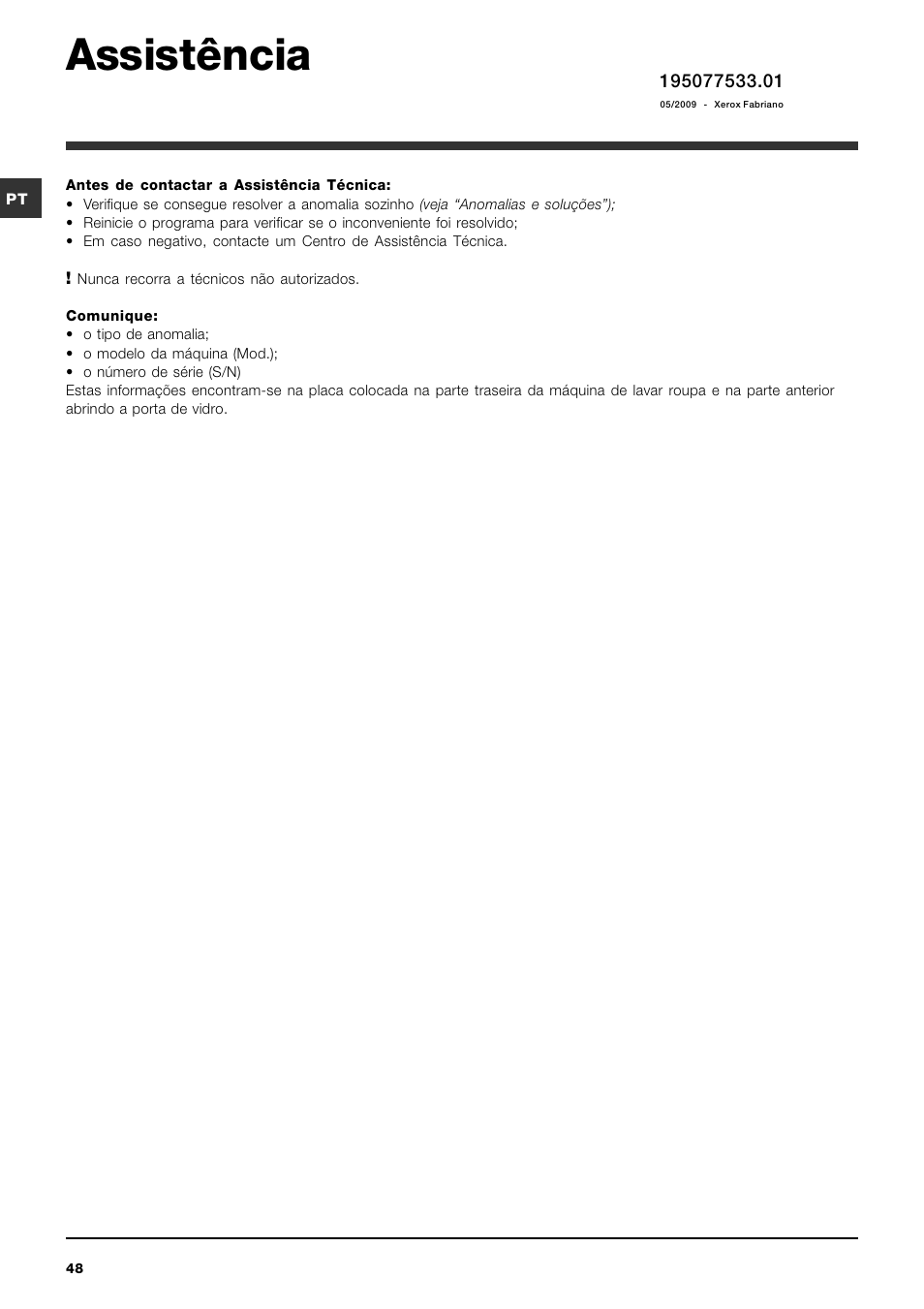 Assistência | Indesit PWE 8128 W User Manual | Page 48 / 48