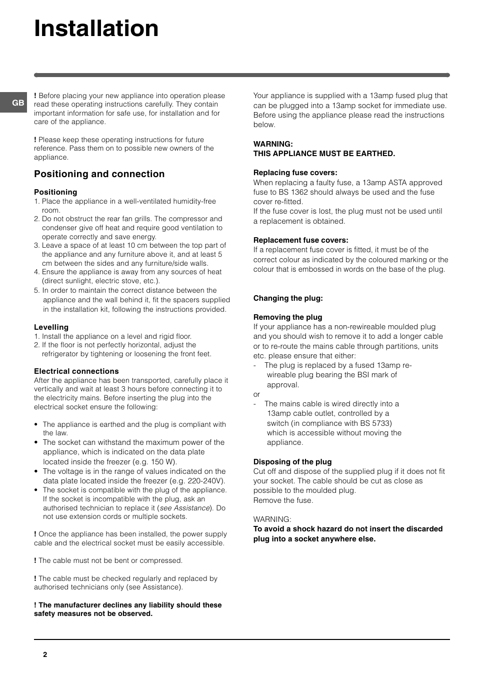 Installation, Positioning and connection | Indesit UFAN 400 User Manual | Page 2 / 8