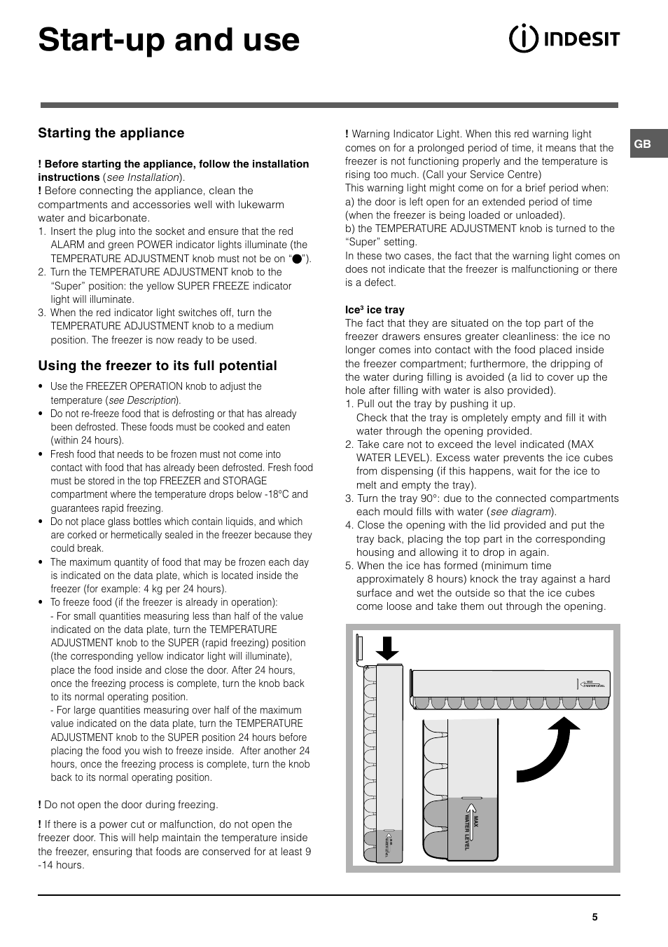 Start-up and use, Starting the appliance, Using the freezer to its full potential | Indesit UFAN 400 User Manual | Page 5 / 8