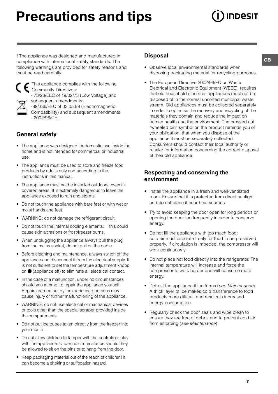 Precautions and tips | Indesit UFAN 400 User Manual | Page 7 / 8