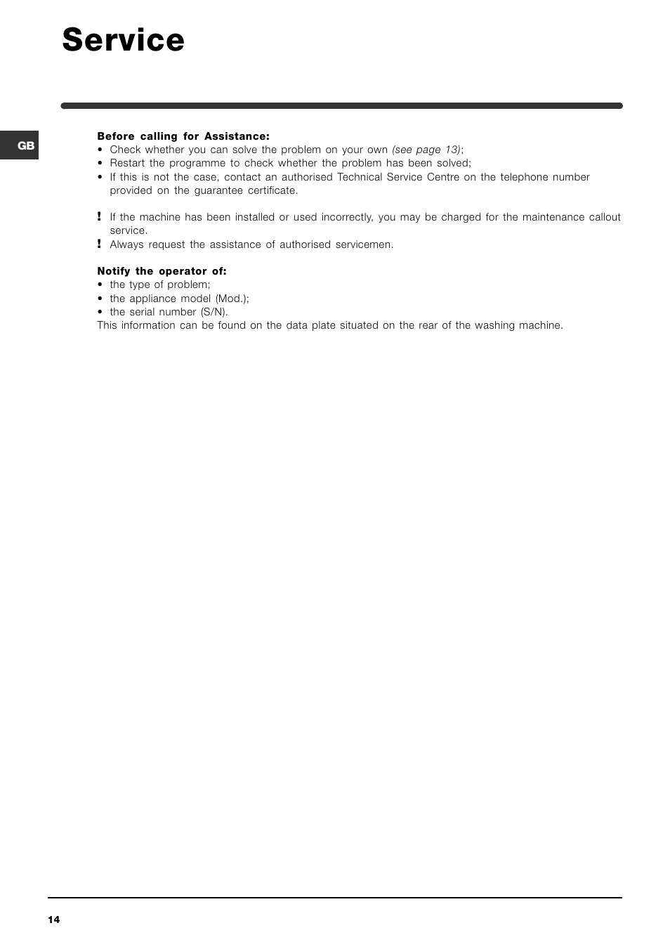 Service | Indesit WIA101UK User Manual | Page 14 / 16