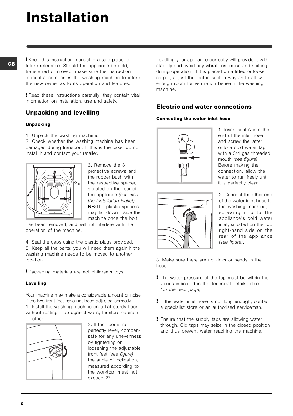 Installation, Unpacking and levelling, Electric and water connections | Indesit WIA101UK User Manual | Page 2 / 16