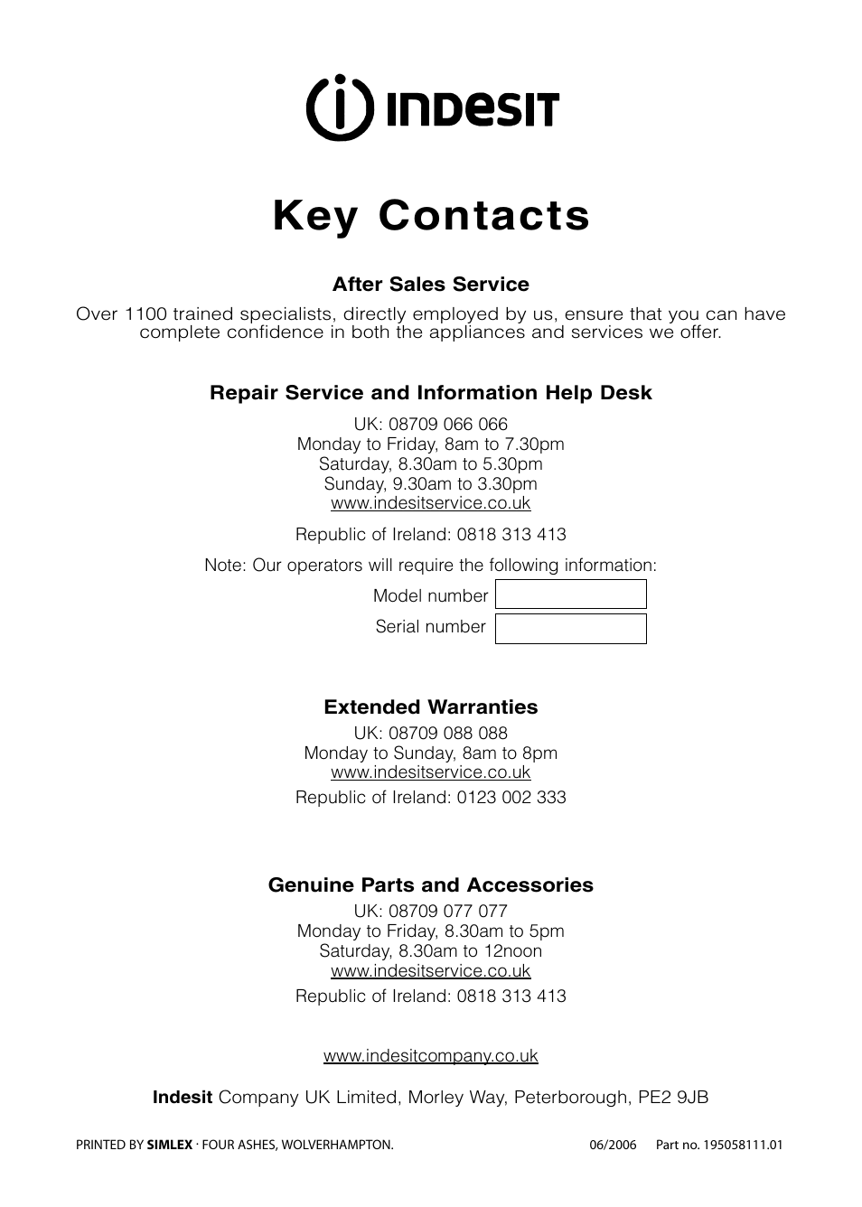 Key contacts | Indesit KDP60G User Manual | Page 32 / 32