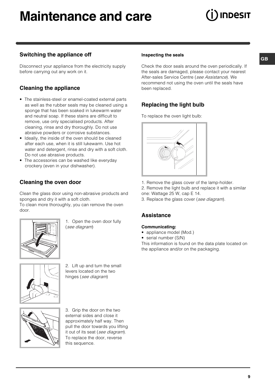 Maintenance and care | Indesit FI 21 K.B GB User Manual | Page 9 / 12