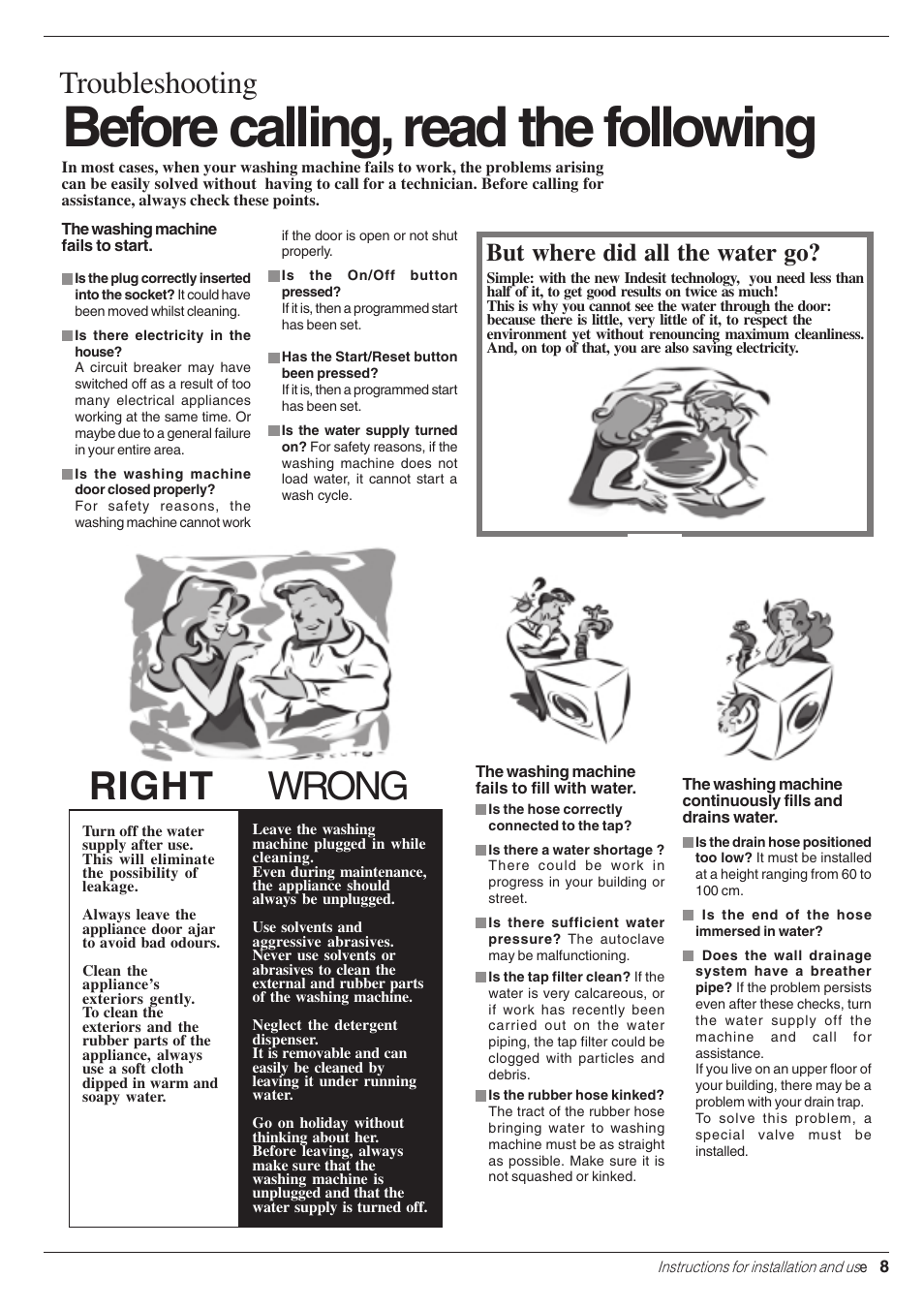 Before calling, read the following, Right wrong, Troubleshooting | But where did all the water go | Indesit WE 14 User Manual | Page 9 / 16