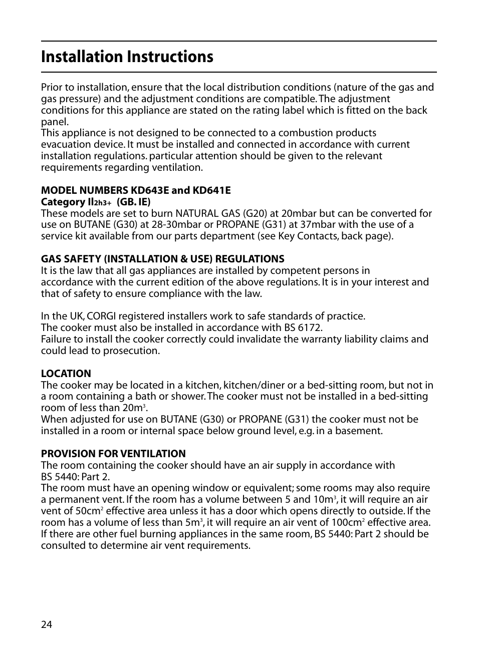 Installation instructions | Indesit KD643E User Manual | Page 24 / 32
