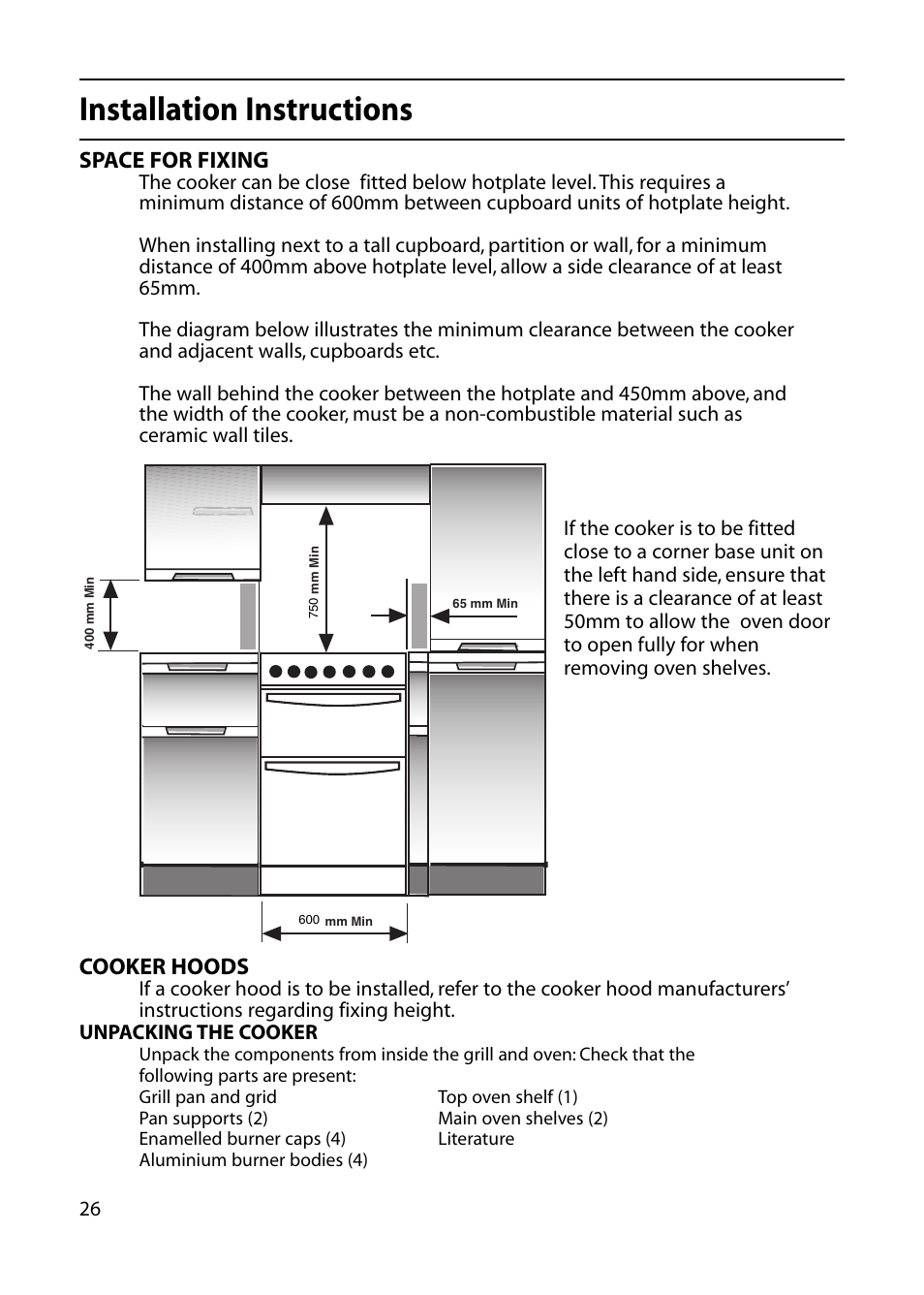 Installation instructions, Space for fixing, Cooker hoods | Indesit KD643E User Manual | Page 26 / 32