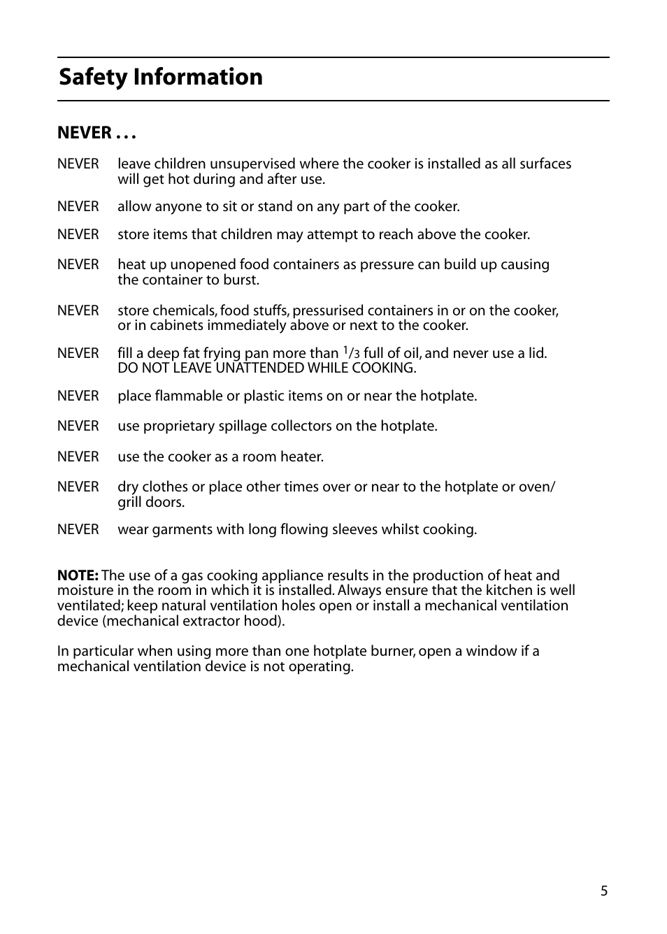 Safety information, Never | Indesit KD643E User Manual | Page 5 / 32