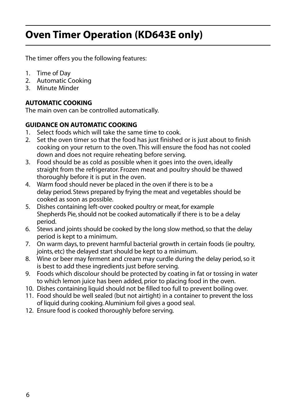 Oven timer operation (kd643e only) | Indesit KD643E User Manual | Page 6 / 32