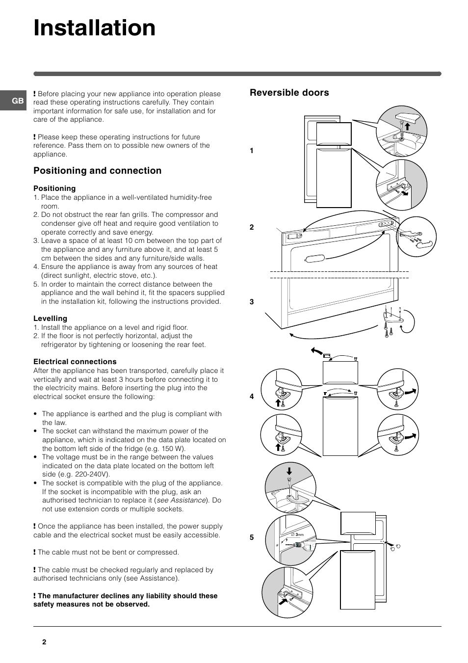 Installation, Positioning and connection, Reversible doors | Indesit RA 24I S User Manual | Page 2 / 8